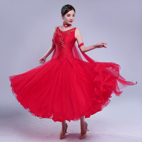 Women's girls red violet ballroom dancing dresses waltz tango dance dresses
